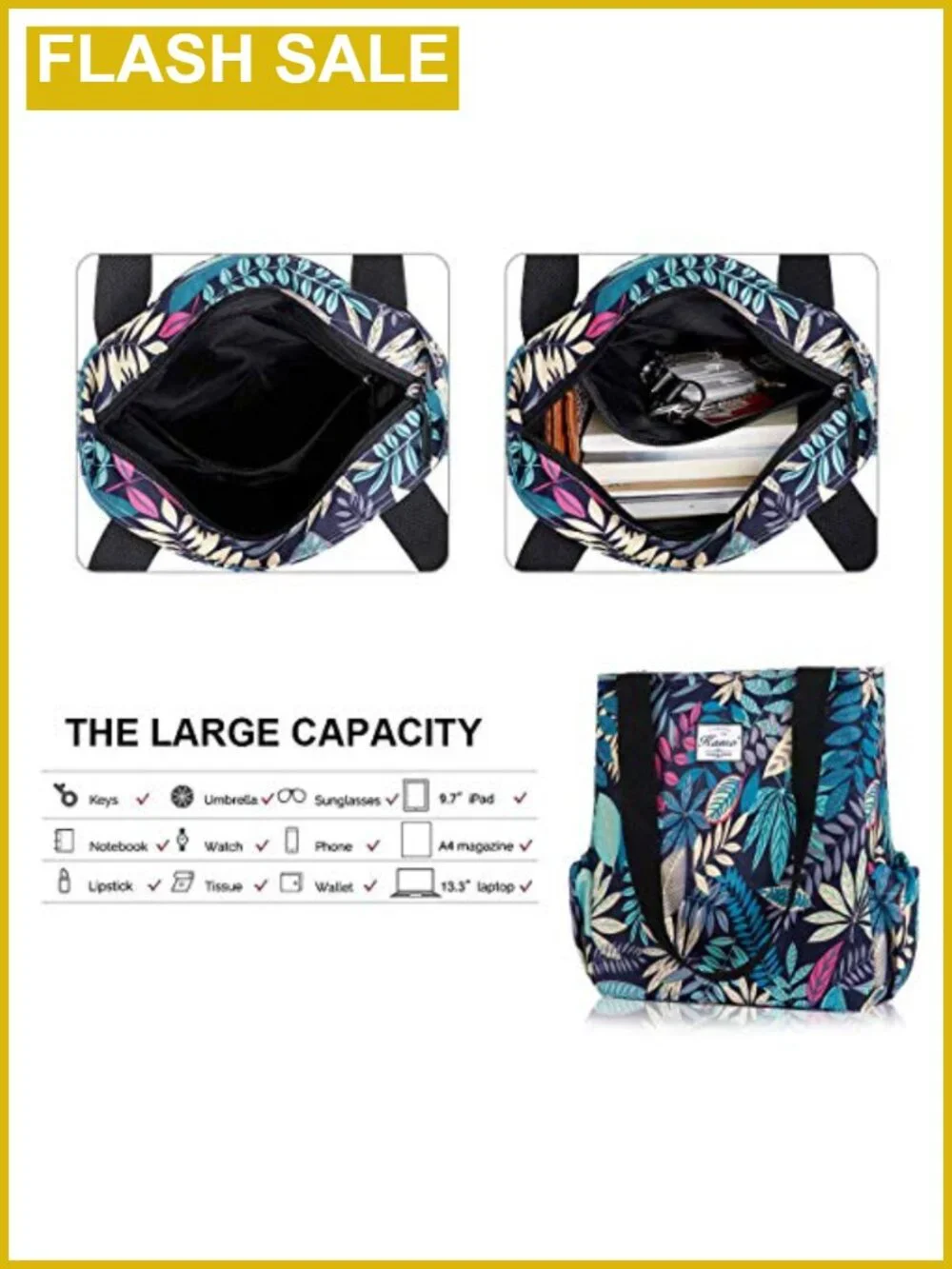 Waterproof Floral Tote Bag Lightweight Travel Shoulder Bag for Beach Gym Yoga